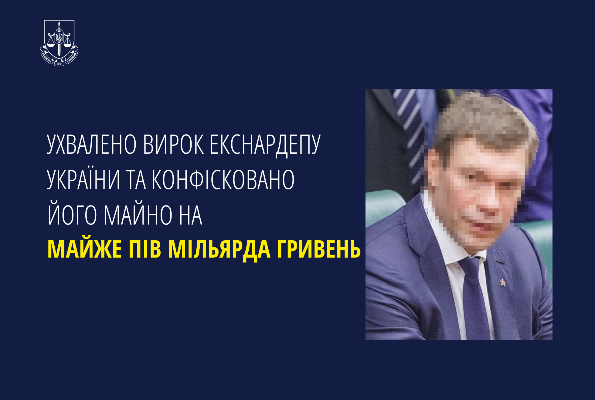  Ухвалено вирок екснардепу України та конфісковано його майно на майже пів мільярда гривень 